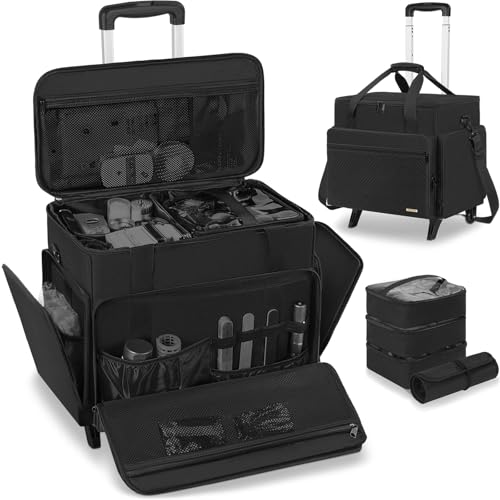 Extra Large Rolling Makeup Case with 4 Removable Pouches, Professional Cosmetic Bag with Wheels, Travel Make up Bag for Makeup Artist Hairstylists Nail with Detachable Trolley
