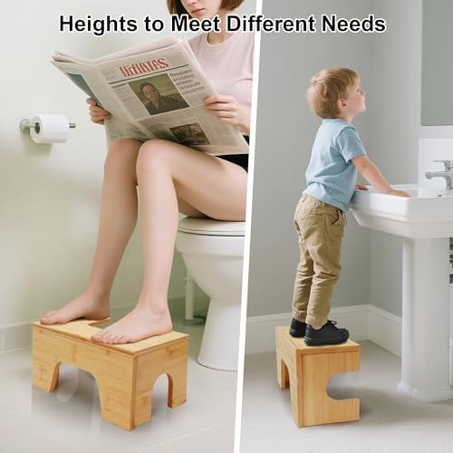 Foldable Toilet Stool Squat, 7" & 9" Adjustable Heights Bamboo Flip Poop Stool for Adults and Kids with Non-Slip Layer - Improve Bathroom Posture and Comfort, No Assembly Required,Natural