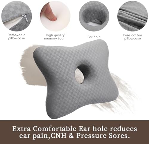 Piercing Pillow | Memory Foam Ear Piercing Pillow for Side Sleepers, Pillow with an Ear Hole for Ear Pain Relief, Ear Guard Pillow, Ear Hole Pillow for Piercings, Earplugs, and Headphones (Light Grey)