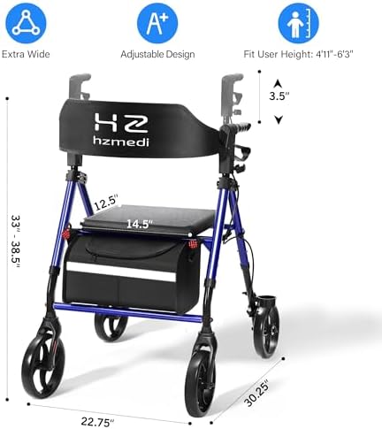 Walkers for Seniors Lightweight with Seat Foldable, Frame 8" Big Wheels Adult Rolling Walker for All Terrain, Dual Adjustable Height Rollator Transport 4 Wheels Walker| Royal Blue