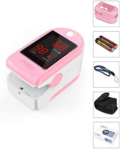 Concord Basics Fingertip Pulse Oximeter - Blood Oxygen Saturation Monitor with Carrying Case, Batteries, Silicone Cover & Lanyard - Easy to Use, Accurate SpO2 & Pulse Measurement (Pink)