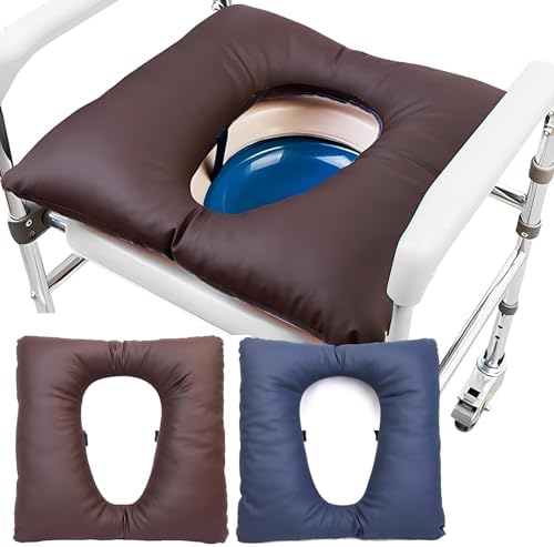 Bedside Commode Cushion - Washable 16.5" X 16.5" Thick Pad PU Cover with Fixing Straps for Commode Chair,Portable Toilet Seat Cushion for Seniors Raz Shower Chair Seat,Brown
