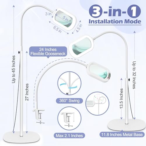 Drdefi 10X Rectangular Magnifying Glass with Light and Stand, 24" Flexible Gooseneck Floor Lamp, 5 Color Modes Stepless Dimmable, 3-in-1 LED Lighted Magnifier Light Hands Free for Reading Craft-White