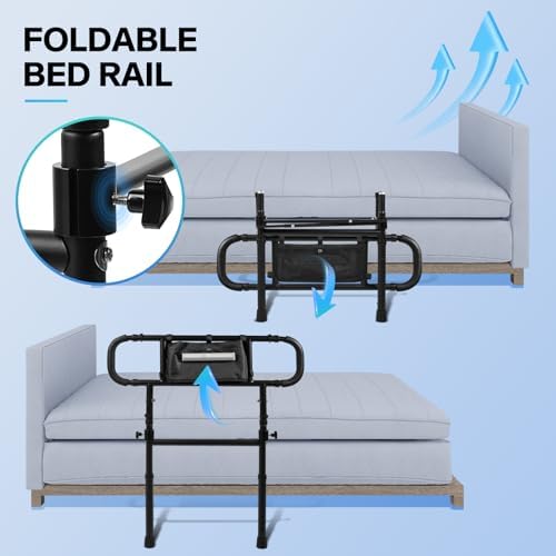 Bed Rails for Elderly Adults Safety, Adjustable Bed Assist Rails, Safety Bed Handle with Leg & Motion Light, Foldable Bed Rails for Seniors, Surgery Patients & Handicap