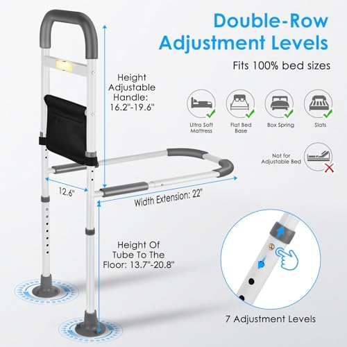 Bed Rails for Elderly Adults Safety Adjustable Bed Assist Handle with LED & Suction Cups - Bed Assist Rails for Seniors, Pregnancy & Mobility Aid 300lbs, Fits Wood/Metal Beds (16.34-19.69" Armrest)