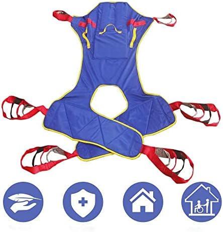Full Body Patient Lift Sling, Head and Back Support, Toileting Transfer Slings, Split Legs with Commode Opening, 5 Handles, 6 Straps, Lifting Sling Medium Compatible with Various of Lifts