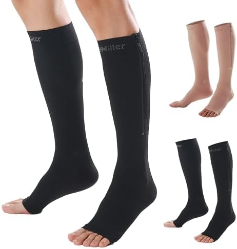 Doc Miller Compression Socks with Zipper â Open Toe, Knee High 15-20 mmHg Support Stockings for Women and Men, Easy to Wear, Travel, Maternity, Daily Use â 1 Pair