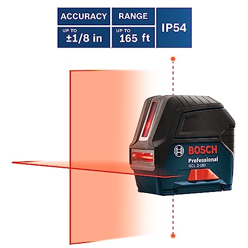 BOSCH GCL 2-160 65 Ft Self-Leveling Cross-Line Laser with Plumb Points, Includes Magnetic Rotating Mount, Ceiling Grid Clip, Laser Target Plate, 3 AA Batteries, & Hard Carrying Case