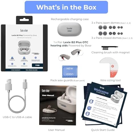 Lexie B2 Plus Hearing Aids Powered by Bose + Free 6-Month Lexie Club Subscription – Rechargeable, Rechargeable Case, App-Controlled, Self-Fit, Noise Reduction, Bluetooth® for Calls & Streaming (Gray)