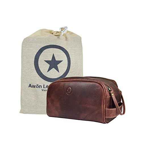 Leather Toiletry Bag for Men | Grooming Travel Kit | With Waterproof Lining | By Aaron Leather (Dark Brown)