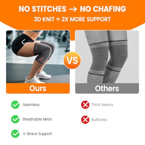 Compression Knee Brace for Women Men 2 Pack Compression Knee Sleeve Knee Brace for Knee Pain Arthritis Meniscus Tear Knee Support for Running Workout Wrestling Weightlifting Sport Athletics Orange XL