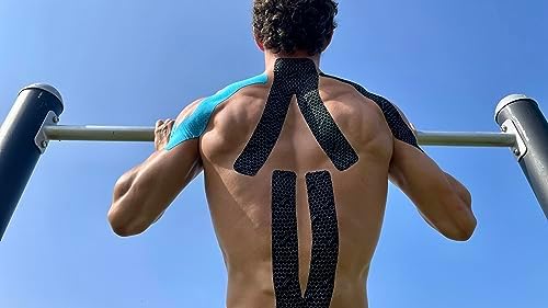 FlexU Kinesiology Tape - 60 2" x 10" Pre-Cut Strips for Lower Back, Knees, & Shoulders; Pain Relief & Support for Muscles & Joints, Shoulders, Knees & Back, Rheumatism, Gout, Osteoporosis (Blue)
