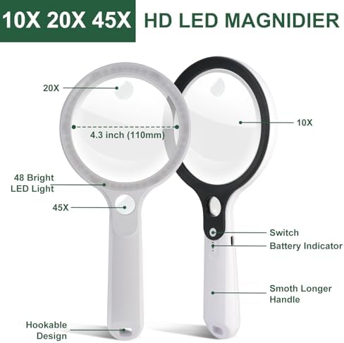 Magnifying Glass with 48 LED Light, 10X 20X 45X Handheld Illuminated Lighted Magnifier with 5 Light Modes Rechargeable Magnifying Glass for Seniors Reading Inspection (Black & White)