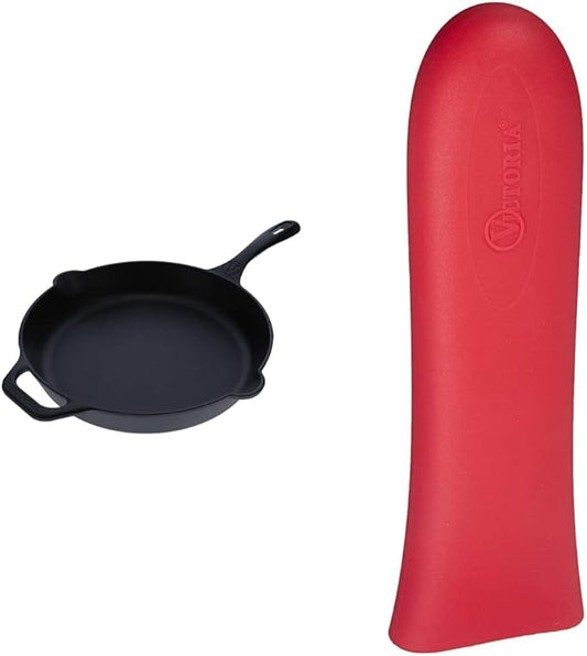Victoria Cast-Iron Skillet, Pre-Seasoned Cast-Iron Frying Pan with Long Handle, Made in Colombia, 12 Inch & Silicone Cast Iron Handle Cover. for 10 to 12 inch Skillets, Large, Red