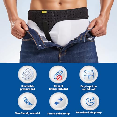 TENB Hernia Belt for Men Hernia Support Truss Inguinal or Sports Hernia, Adjustable Waist Strap with Removable Compression Pads Breathable Material (Black, X-Large)
