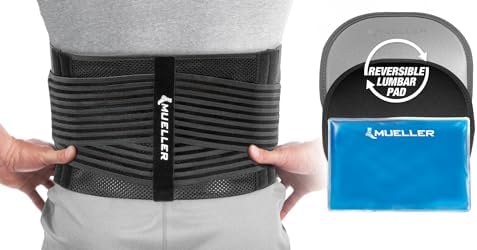 MUELLER Sports Medicine 4-in-1 Lumbar Back Brace with Hot/Cold Pack, Ideal for Upper and Lower Back Pain, Relief & Support for Men and Women, Strains, Sciatica, Scoliosis, Black, One Size
