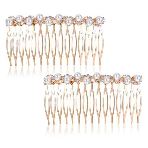 2Pcs Hair Combs for Women Accessories, Hair Combs for Women Decorative, Gold Pearl Hair Comb with Rhinestones, Decorative Hair Combs for Women, Hair Side Combs for Bridal Wedding