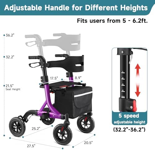 Walkers for Seniors, Rollator Walker with Seat, 8" Rubber Wheels All Terrain Rollator Walker with Backrest, Aluminum Walkers Built-in Cable, Foldable and Adjustable Height for Seniors, Purple