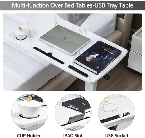 Overbed Table,Hospital Bed Table,Pneumatic Bed Tables Adjustable Over The Bed with Hidden Wheels&USB Port,Mobile Laptop Table Cart and Rolling Bedside Table with Tray Hospital Home Use-White