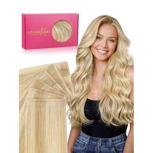 WENNALIFE Genius Seamless Tape in Hair Extensions Real Human Hair, 20 Inch 50g 20 pcs Light Blonde Highlighted Golden Blonde Tape in Hair Extensions Remy Hair Luxury Invisible Straight Hair Hand Tied