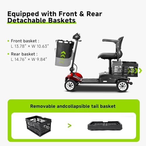 Mobility Scooters for Seniors& Adults Foldable Powered Wheelchair Device with Dual Detachable Baskets 4 Wheel Mobility Scooter with Long Travel Range (Red-Black)