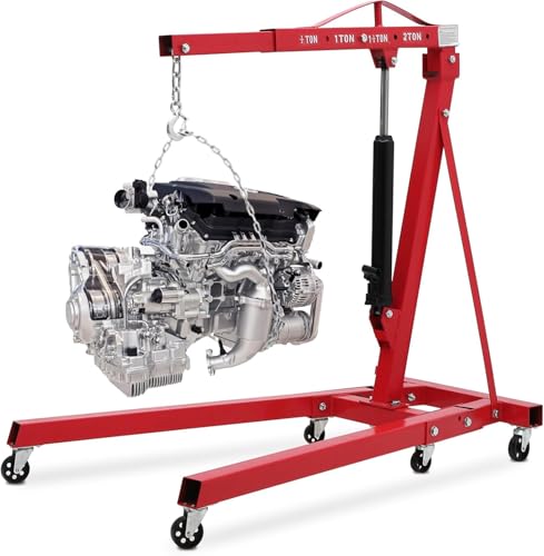 2 Ton Folding Hydraulic Engine Hoist with Load Leveler 4400 LBS Capacity Heavy Duty Cherry Picker 6 Swivel Wheels&Hydraulic Pump Adjustable Boom (0.5T-2T) for Garage Workshop Warehouse Orange