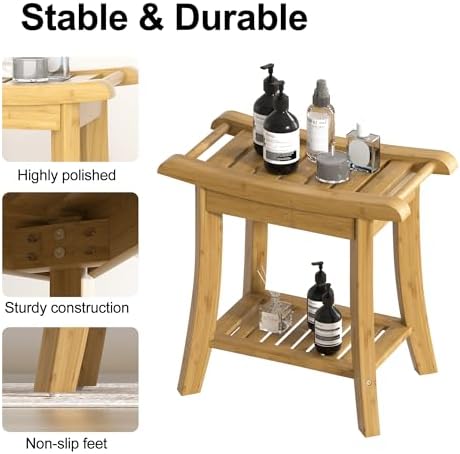 Bamboo Shower Bench Stool with Storage Shelf Small Shower Chair Seat for Inside Shower 19 x 10 x 18 Inches Natural