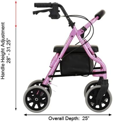 NOVA Medical Products Zoom Rollator Walker with 8" Seat Height, Pink, 18 Inch