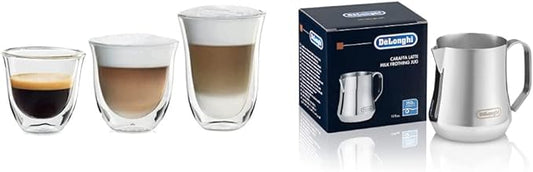 De'Longhi Fancy Collection Double Walled Thermo Espresso, Cappuccino and Latte Macchiato Glasses (Set of 6) and De'Longhi DLSC060 Stainless Steel Milk Frothing Jug