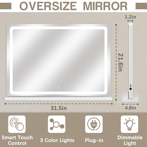 ROLOVE Vanity Mirror with Lights, 32" x 22" Large Lighted Vanity Mirror with Dimmable 3 Modes, LED Makeup Mirror, Touch Screen Control, USB Charging Port, Tabletop or Wall-Mounted