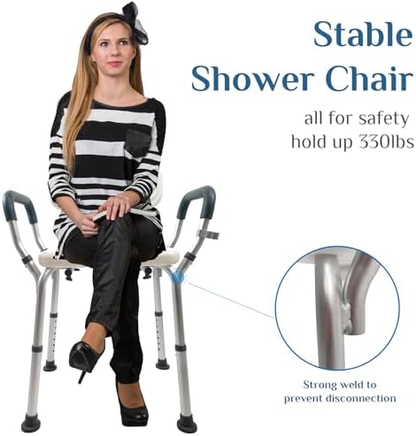 Shower Chair Seat with Arms and Back, Padded Handicap Shower Bench for Adults, Elderly and Disabled, Adjustable seat Height ranges from 14.9 to 21.3 inches