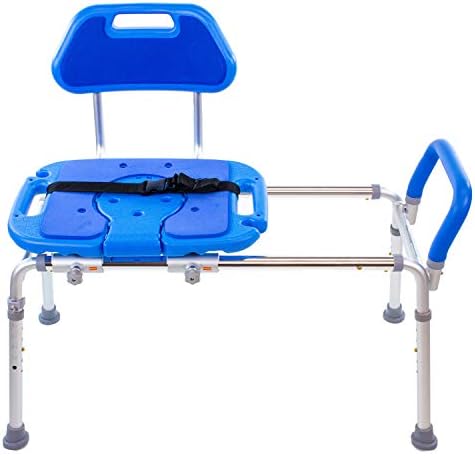 Platinum Health Sliding Shower Chair HydroGlyde Premium Heavy Duty, Padded Bathtub Transfer Bench with Cut Out Seat, for Bath Tub, Adjustable Legs, and Safety Belt, Quick Tool-Less Assembly, Blue