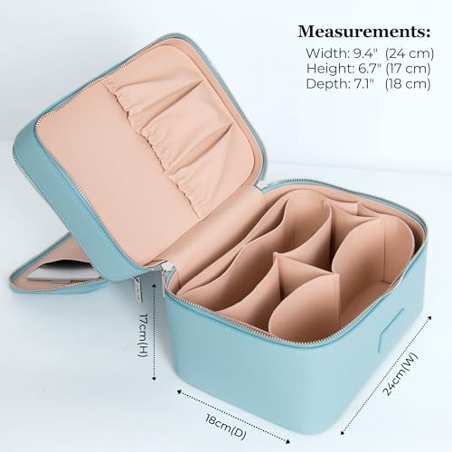 ZEVGANI Travel Makeup Bag Vanity Case with Mirror, Large Toiletry Bag Portable Leather Makeup Bag Organizer with Dual Compartments Removable Dividers for Skincare & Brushes, Blue