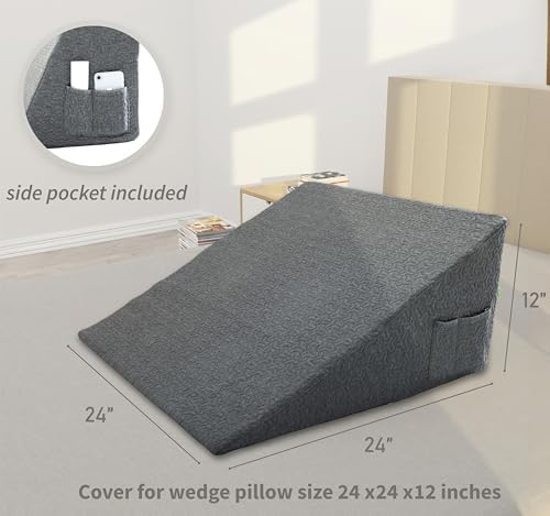 Wedge Pillow Cover for 24x24x12 Bed Wedge Pillow, Hypoallergenic Replacement Case Cover with Zipper & Pockets, Gray