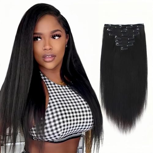 Sixstarhair Clip in Hair Extensions Black Women Italian Virgin Hair Natural Black Double Weft 7 Pieces with 17 Clips Real Human Hair Extensions Clip ins Yaki Straight 120Grams 22 Inch