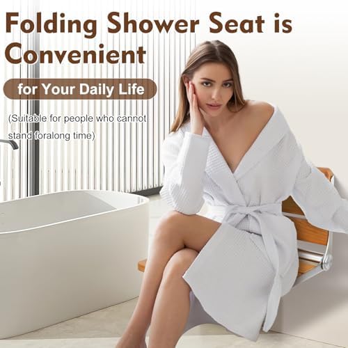 16" Teak Folding Shower Seat Wall Mounted, Foldable Shower Bench, 400lbs Max Load, Space-Saving Fold Down Design for Seniors, Elderly & Small Shower Spaces