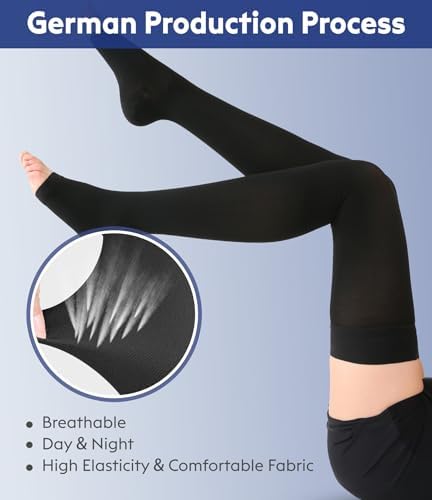 Thigh High Compression Stockings Toeless - Unisex, Opaque, KEKING 15-20mmHg Graduated Compression Leg Support Hose with Anti-Slip Silicone Band - Swelling, Varicose Veins, Edema, Travel, Black Large