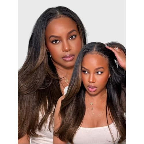 Beauty Forever V Part Wig Human Hair Yaki Straight EasiContour Vpart Wigs No Leave Out Ombre Chestnut Brown Glueless Upgraded U Part Wigs for Women None Lace Front Wigs T128 Color 150% Density 18inch