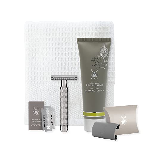 M?HLE R 89 Shaving Set 5 Pieces - Safety Razor with Closed Comb Chrome-Plated Metal Blade, Cream, Cloth - Silver