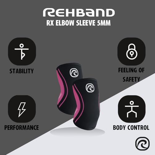 Rehband Elbow 5mm Compression Sleeve, Neoprene Elbow Sleeves for Weightlifting, Anatomical Design, Non-Slip & Close Fitting, Elbow Support Unisex, Colour:Black/Pink, Size:X-Large