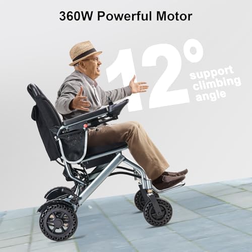 Lightweight Foldable Electric Wheelchair, Only 33lbs, Wheelchairs for Adults, Removable Lithium Battery, All Terrain Portable Motorized Wheelchairs for Seniors, Airline Approval (Grey) (Grey)