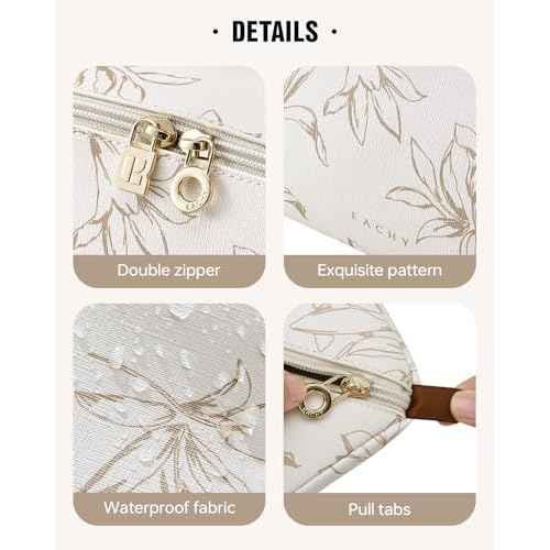 EACHY Travel Makeup Bag, Large Capacity Cosmetic Bags for Women, Waterproof Portable Pouch Open Flat Toiletry Bag Pattern Make up Bag (F-Beige)