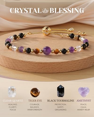 HGDEER Natural Crystal Healing Bracelet for Women - Amethyst Tiger Eye Black Tourmaline Clear Quartz - Anxiety Relief Gemstone Jewelry with Blessing Card