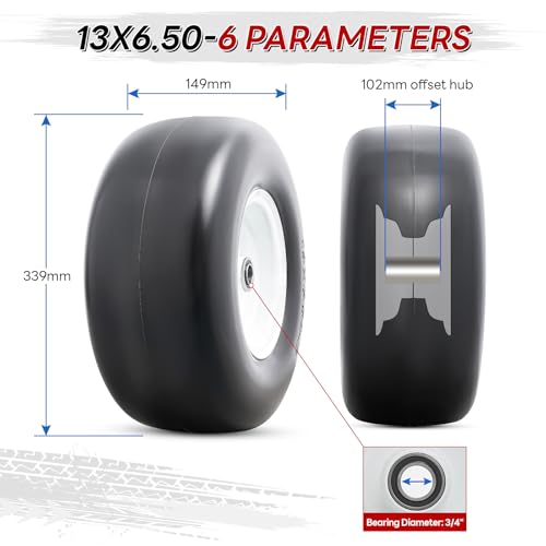 13” Solid Tires, Flat Free 13x6.50-6” Wheels with 3/4” Axle Bore Hole and Double Sealed Bearings Compatible with Hand Truck Wheelbarrow Tire Lawn Mower Tires (White, 2PCS) P-100