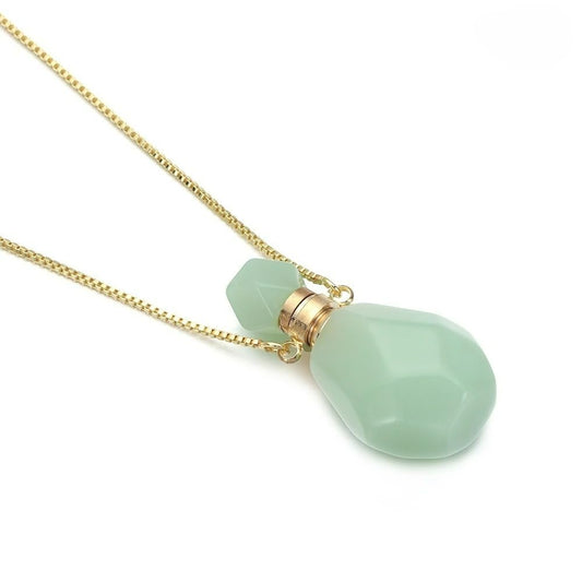 14K Yellow Gold Natural Stone Vial Necklace For Women - Glass Vial Pendant Water Drop Jar Perfume - Water Container Vial For Liquid Oil Diffuser Vial Jewelry