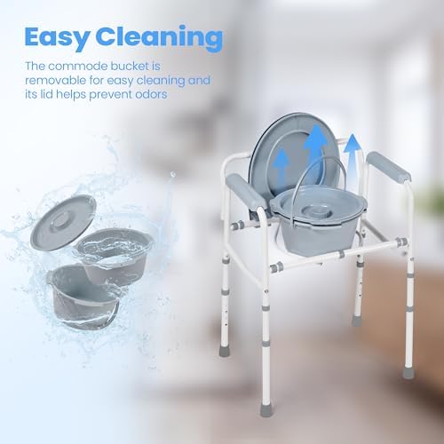 Careboda Bedside Commode Chair with Bucket for Seniors, Portable Extra Wide Commode Seat for Toilet, Folding Steel Chair with 5 Adjustable Heights, 350 Pound Support Capacity, 7.5 Qt. Bucket