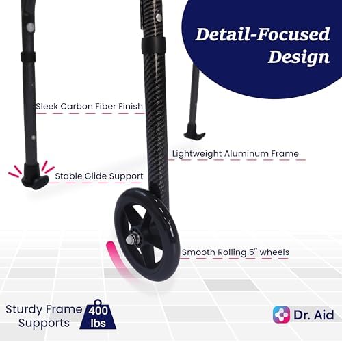 Dr. Aid Premium 2 Button Folding Walker with Wheels, Rolling Front Wheel Walker, Lightweight Walkers for Seniors, Extra Light & Durable Carbon Fiber Aluminum Frame, Adjustable Height, Carbon Black