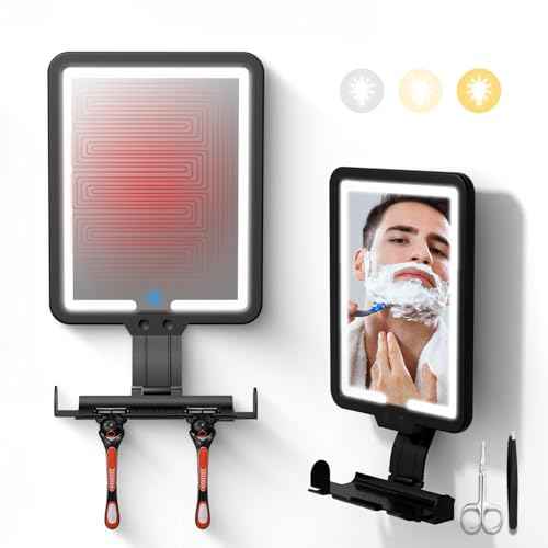 Heated Anti-Fog Shower Shaving Mirror,9.5*8 Inch LED Shower Mirror Fogless for Shaving with 3 color modes,Dimmable Shaving Mirror with Storage Tray and Razor Holder,Hanging Rechargeable Shower Mirror