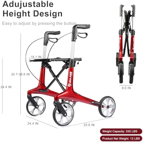 Carbon Ultralight Rollator Walker for Seniors with 2 Organizer Bags, Comes Fully Assembled, Only 13lbs Lightweight Foldable 4 Wheel Walker with Seat and Brakes, 330 lbs Capacity Rolling Walker