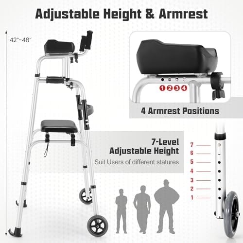 Folding Walkers for Seniors, Upright Walker with Seat, Removable Arm Support & 5" Wheels, Height Adjustable Platform Walker Mobility Aid for Elderly